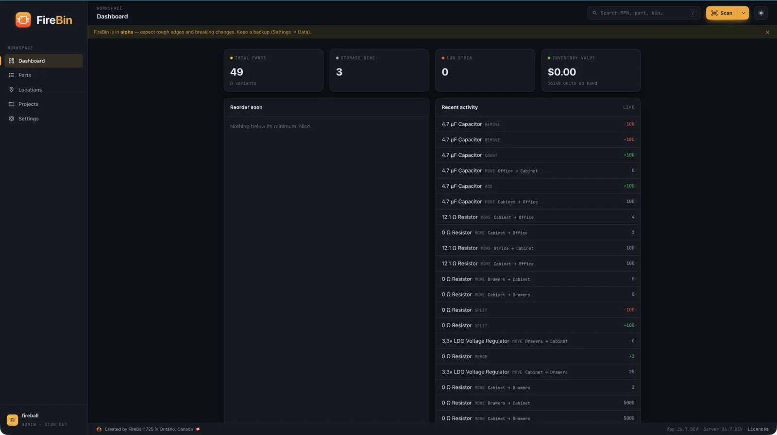 FireBin dashboard