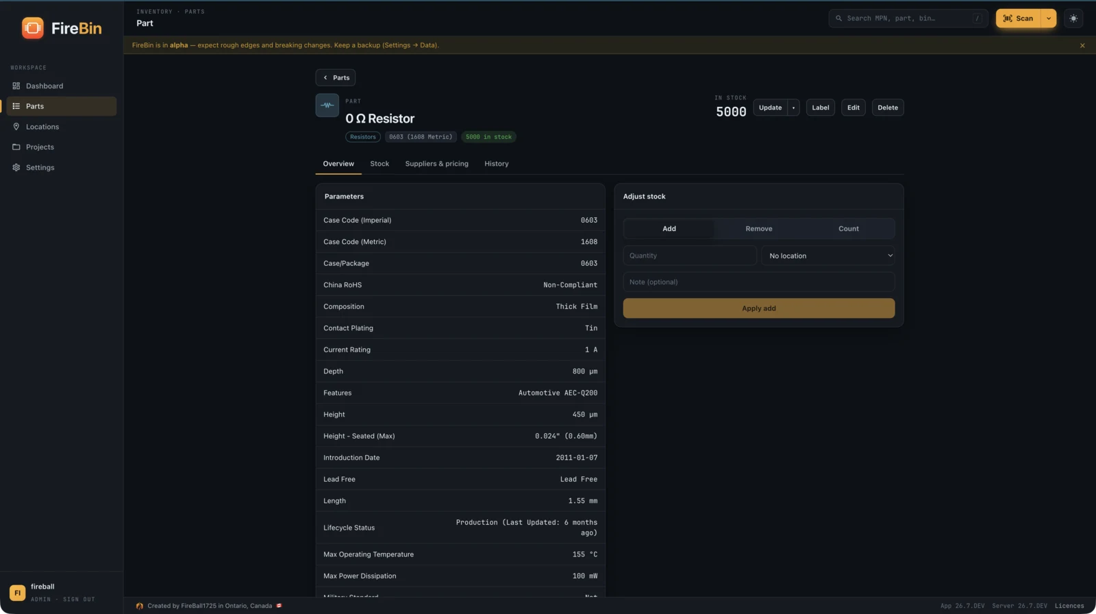 Part overview with parameters and stock adjust