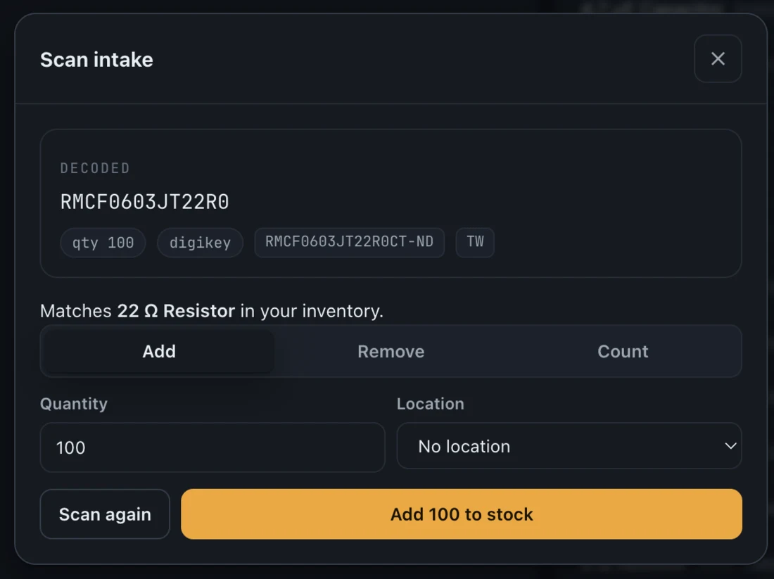 Scan intake matching a resistor